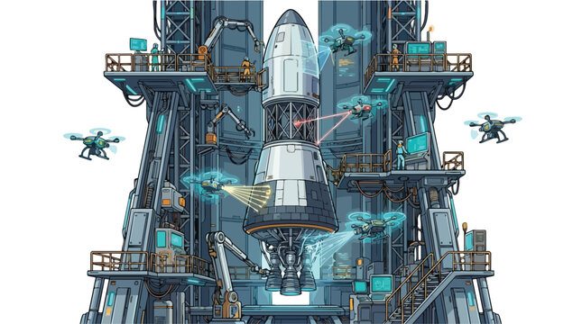 Futuristic rocket on towering launchpad structure.