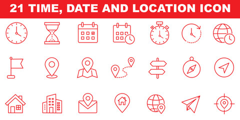 Time, date and location editable stroke outline icons set. Address line icons and navigation outline icons set. Address icon set, date calendar clock time location symbol, vector illustration  © Top