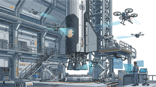 Industrial Rocket Engine On Test Stand In Facility.