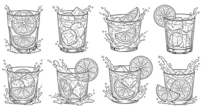 Fresh Citrus Cocktail and Lemon Drink Illustration Collection Featuring Refreshing Summer Beverages, Ice Cubes, and Splash Vector Designs