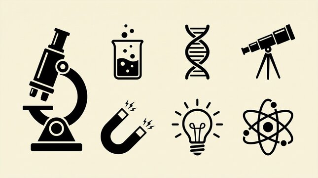 Science icons: microscope beaker DNA telescope magnet lightbulb atom
