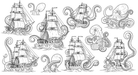 Obraz premium Vintage Pirate Ship and Kraken Illustration Collection Featuring Nautical Sea Monsters, Ocean Adventure Scenes, and Fantasy Maritime Vector Designs