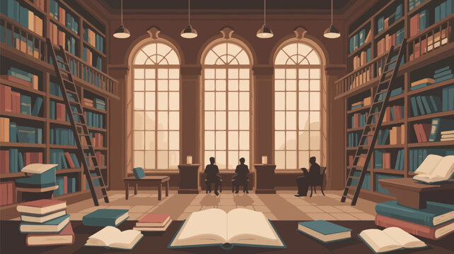 Old fashioned library interior with towering bookshelves and study tables.