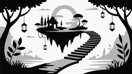 Obraz premium Floating fantasy island with small house and stairs in monochrome black and white landscape design.
