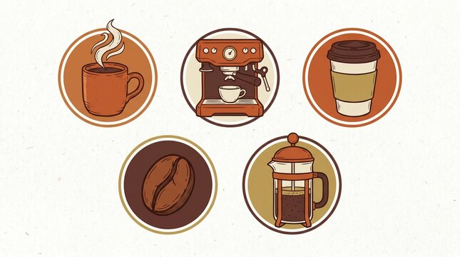 Coffee icons collection with espresso machine to go cup coffee bean steaming