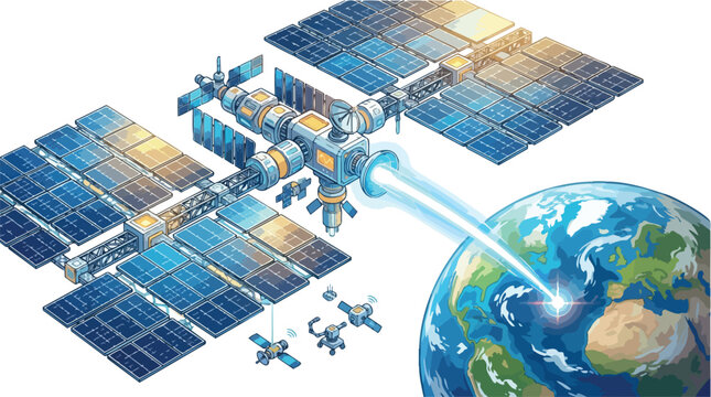 Satellite in orbit with expansive solar panels.