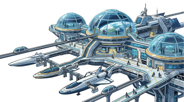 Futuristic Aircraft with Glass Domes and Docking Tubes.