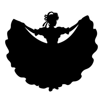 Female dancer silhouette performing traditional mexican folk dance in ruffled dress.