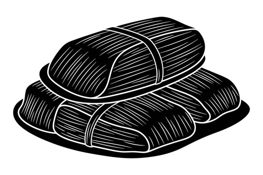 A stack of wrapped tamales illustration, traditional latin american and mexican cuisine in monochrome sketch.
