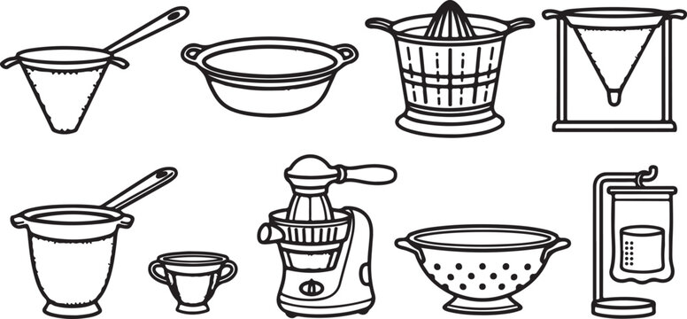 Set of six kitchen utensils with holes for straining Vector