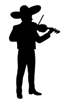 Full body silhouette of mariachi musician playing violin in traditional charro attire.