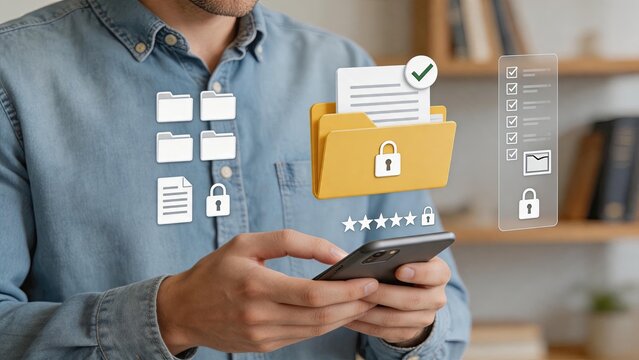 Mobile data security concept, man using smartphone with digital folder icons, secure file storage, cloud backup, password protection, privacy settings, checklist verification,