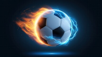 Naklejka premium Soccer ball flying with intense fire flames and blue lightning electricity effects.
