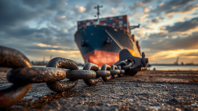 Large ship anchored with chain on beach at sunset