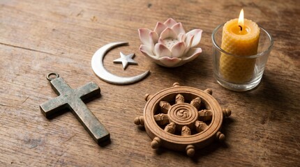 Fototapeta premium Religious symbols and candle representing faith and spirituality with still life