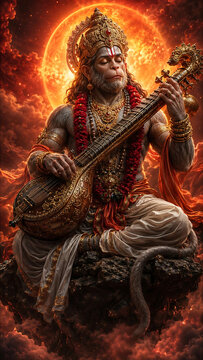 Divine Hanuman, the monkey god, plays a traditional string instrument under a fiery sun amidst mystical red clouds.