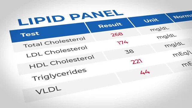 Medical lipid panel test results on screen, nobody, laboratory setting, informational