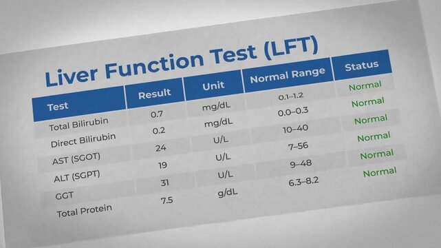 Liver Function Test results on a medical chart, nobody, laboratory setting, informational