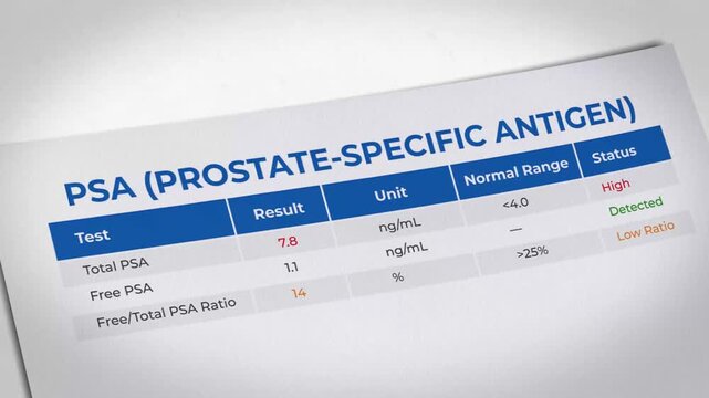 PSA test result form, medical document with prostate-specific antigen levels