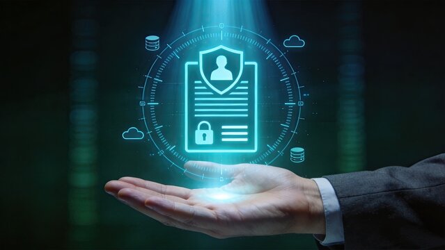 Hand holding glowing holographic identity document with shield and lock symbols representing cybersecurity data privacy protection and secure authentication technology