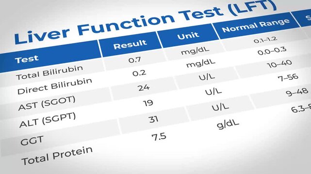 Liver Function Test results on a medical chart, nobody, laboratory setting, informative