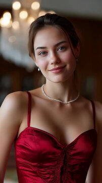 Young woman in red satin bustier posing with soft chandelier lighting