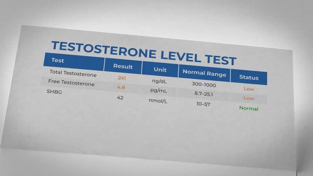Medical laboratory test result showing testosterone level analysis in a clinical setting