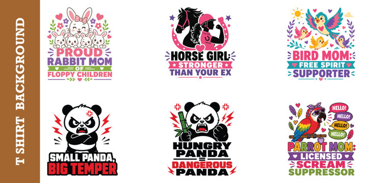 Set of cute animal themed t shirt designs with funny slogans for apparel and accessories.