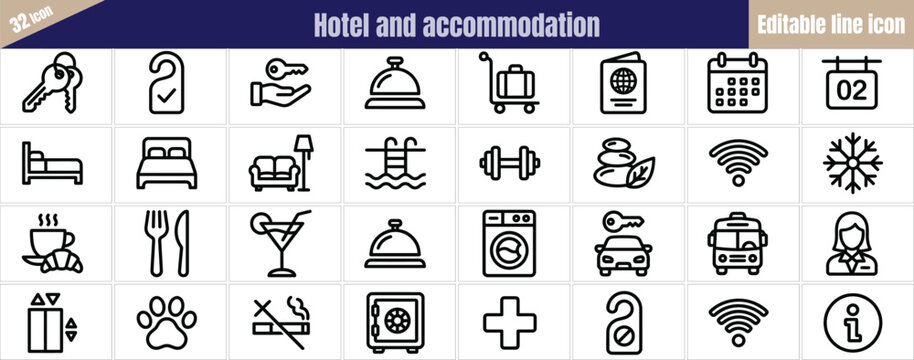 Hotel and accommodation icons set featuring guest services and room amenities.