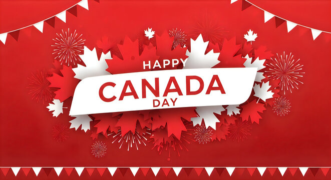 Canada Day celebration banner with maple leaves and flags