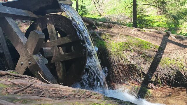 Side view of a vintage wooden water wheel rotating in a forest stream