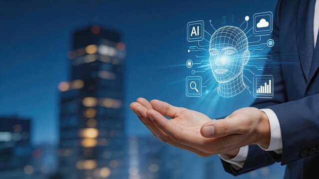 Businessman holding holographic AI brain icon surrounded by cloud computing and analytics symbols against blurred cityscape backdrop for artificial intelligence concept