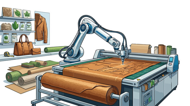 Automated robotic arm cutting machine for fabric and leather.