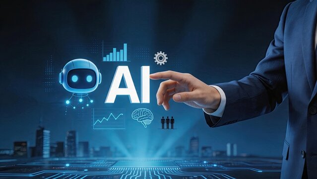 Futuristic artificial intelligence AI concept with robot head icon, brain network, data charts, business team silhouettes, hand touching virtual screen, machine learning, deep