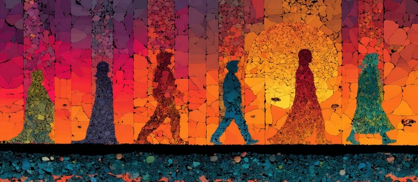 Silhouettes walk across a colorful mosaic, sunset backdrop, textural details