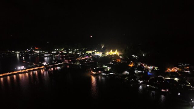 Night Aerial View of Tanjung Uma Village in Batam, Riau Islands - 4K