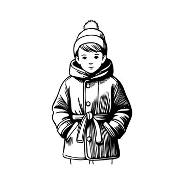 Logotipo ropa de invierno. Dibujo sencillo con l&iacute;neas de un chico joven de frente con un gorro y con las manos en los bolsillos de un abrigo con cintur&oacute;n y capucha