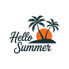Obraz premium Hello Summer vector typography design with palm trees silhouette and sun
