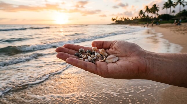 A close-up of a woman's hand holding sand and sea shells on a sunny summer beach captures the essence of nature