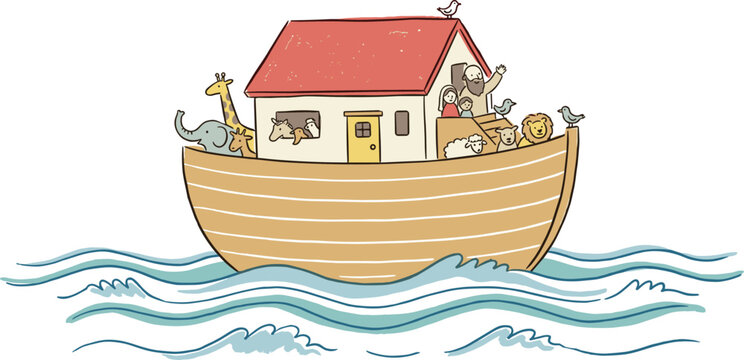 Noah's Ark with Animals Floating on Ocean Waves Cute Cartoon Vector Illustration with House Giraffe and Biblical Story on White Background