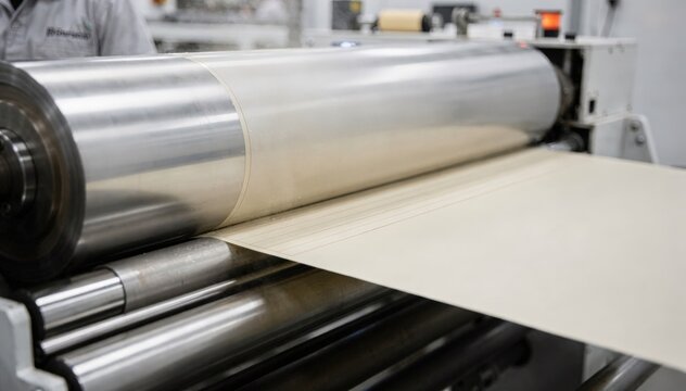 Medium shot of solventless adhesive lamination process bonding two paper webs smoothly under large industrial rollers in a clean manufacturing environment.
