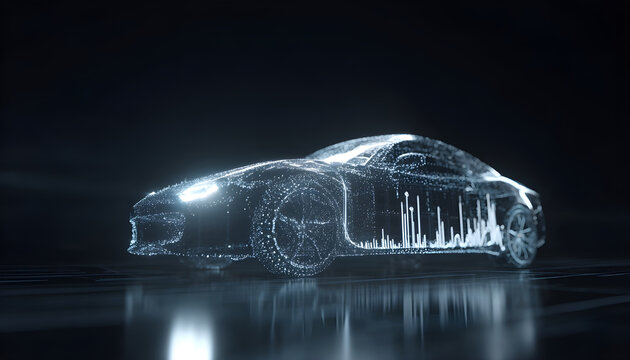 Animation of data processing over digital car on black background