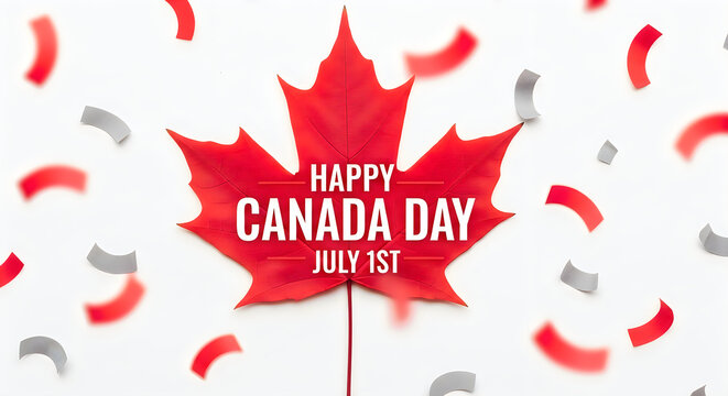 Canada Day celebration, red maple leaf with confetti