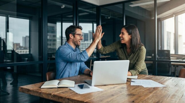 Happy successful business team of two executive partners employees giving high five supporting celebrating professional success growth financial work achievement sitting at office meeting with laptop.