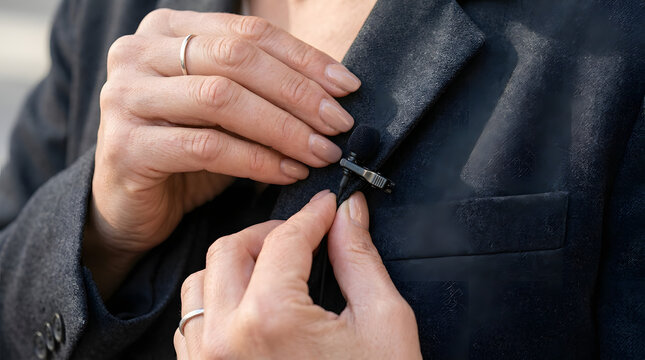Person attaching a lavalier microphone to a suit jacket lapel. Generated AI