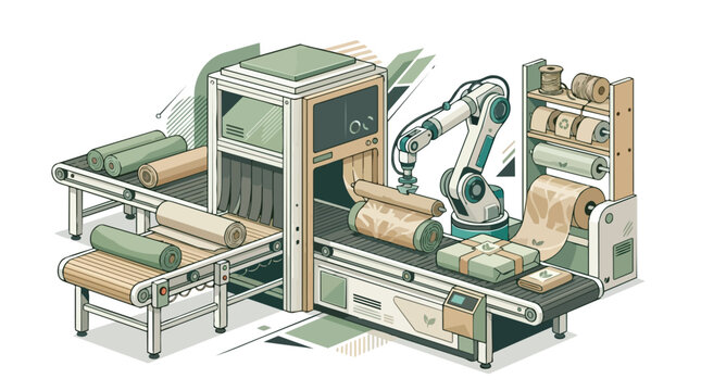 Industrial printing machine with rollers conveyor belts and robotic arms.