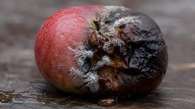 Rotten Apple: A close-up shot reveals a decaying apple, its once vibrant red skin now marred by patches of mold, decay, and rot, highlighting the natural process of decomposition.