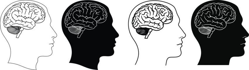 Obraz premium Four human head silhouettes with brain illustrations in black and white