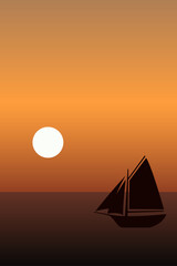 Fondo con paisaje de un atardecer en el mar, con las silueta de un barco de vela en el mar y el sol en el cielo, en tonos anaranjados © teracreonte
