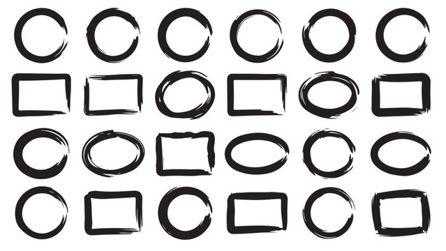 Abstract Brushstroke Shapes Collection: A versatile collection of hand-drawn, abstract brushstroke shapes including circles and rectangles in a black ink style on a white background.